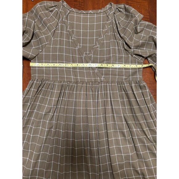 Hand Made Olive Green Check Wrap Front A-Line Baby Doll Long Sleeve Dress - Picture 4 of 5
